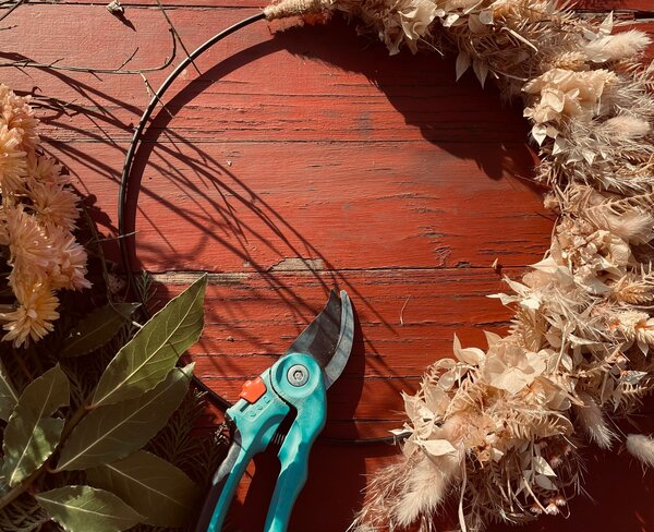 Bild vergr&ouml;&szlig;ern: Ein halb fertiger Kranz aus beigen Trockenblumen. Am unteren Bildrand liegt eine t&uuml;rkise Gartenschere.