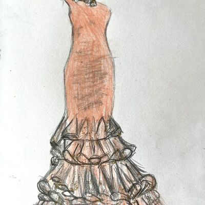 Zeichnung eines orangen Abendkleids mit vielen R&uuml;schen.