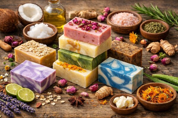 Bild vergr&ouml;&szlig;ern: Aufgereihte selbst hergestellte bunte Seifen