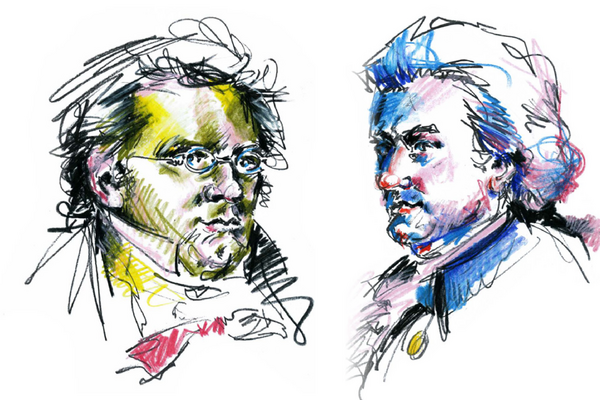 Bild vergr&ouml;&szlig;ern: Mit Buntstift gezeichnete Portraits von Joseph Haydn und Wolfgang Amadeus Mozart.