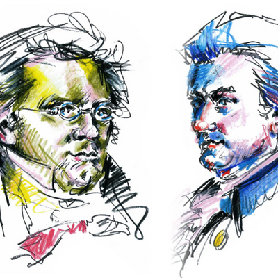 Mit Buntstift gezeichnete Portraits von Joseph Haydn und Wolfgang Amadeus Mozart.