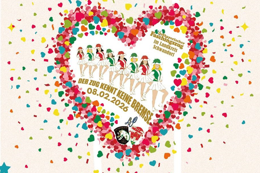 Ein Herz geformt aus konfettiherzen. Alles bunt und in der Mitte des Herzens stehen verkleidete Frauen aufgereiht.