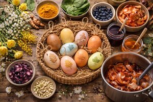 Bild vergr&ouml;&szlig;ern: Ein gef�llter Tisch. In der Mitte steht ein Korb mit bemalten und gef�rbten Ostereiern. Weitere Sch�sseln stehen rundherum mit verschiedenen F�rbemitten (z. B. Zwiebelschalen, Kurkuma, Blaubeeren etc.)