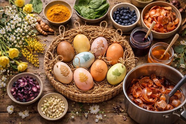 Bild vergr&ouml;&szlig;ern: Ein gef&uuml;llter Tisch. In der Mitte steht ein Korb mit bemalten und gef&auml;rbten Ostereiern. Weitere Sch&uuml;sseln stehen rundherum mit verschiedenen F&auml;rbemitten (z. B. Zwiebelschalen, Kurkuma, Blaubeeren etc.)