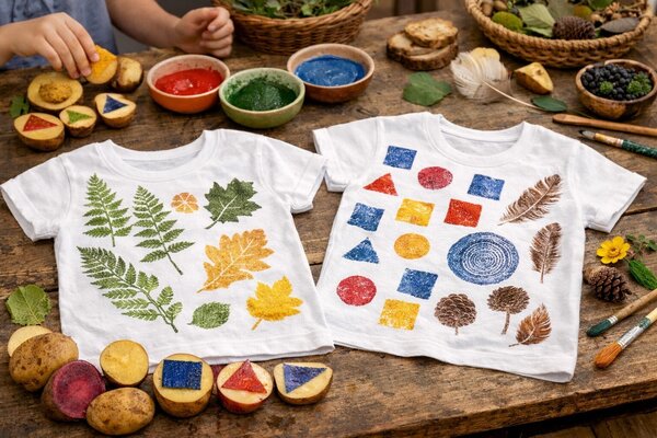 Bild vergr&ouml;&szlig;ern: zwei wei&szlig;e T-Shirts, die mit Kartoffeldruck bedruckt werden.