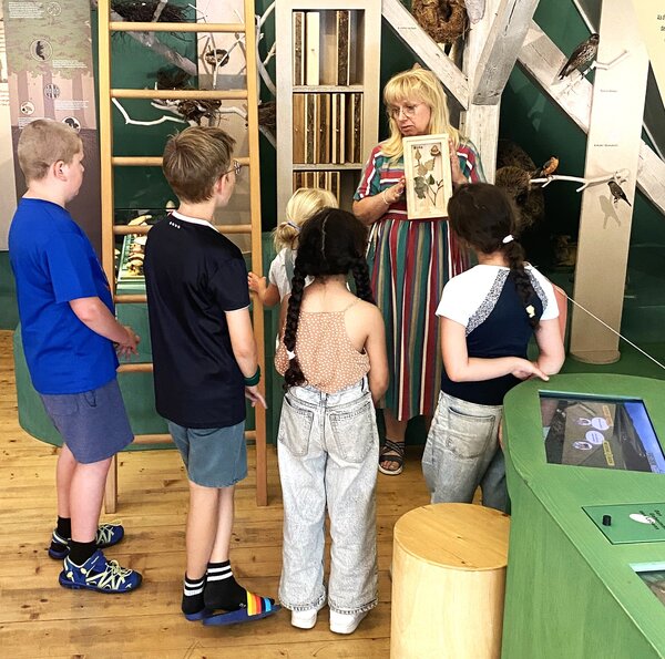 Bild vergr&ouml;&szlig;ern: mehrere Kinder h&ouml;ren der Museumsleitern Eva-Maria Keil zu, die durch das NaturInfoZentrum f&uuml;hrt.