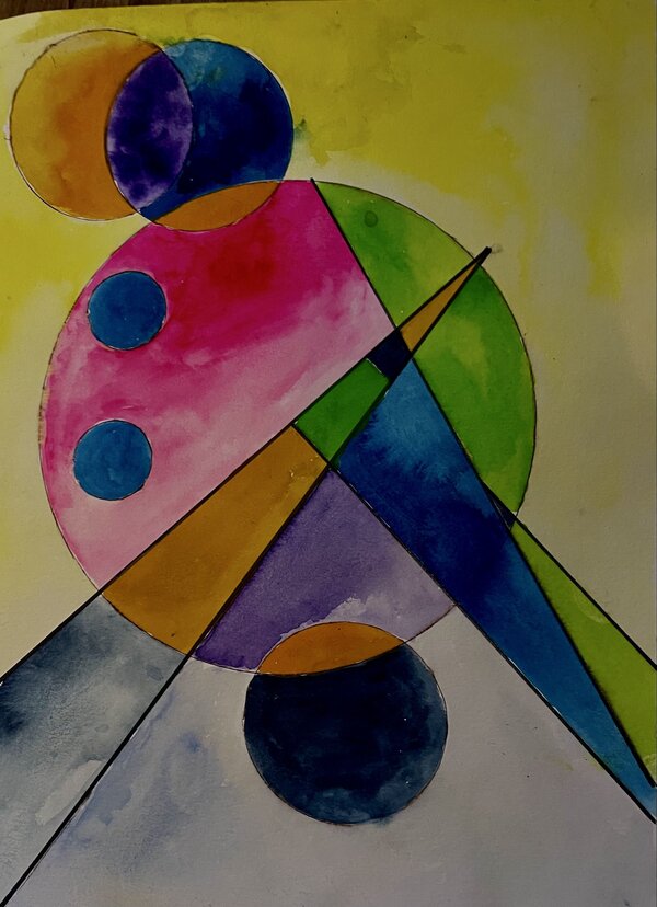 Bild vergr&ouml;&szlig;ern: ein mit Wasserfarben gemaltes Bild. Zu sehen sind bunte geometrische Formen.