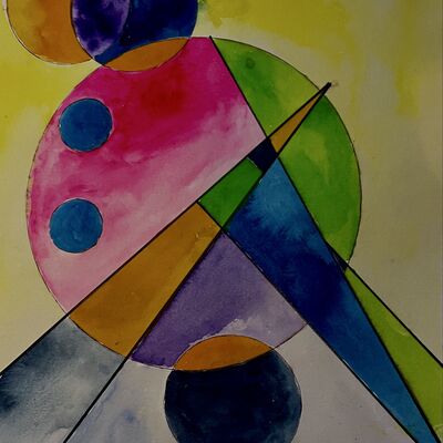 ein mit Wasserfarben gemaltes Bild. Zu sehen sind bunte geometrische Formen.