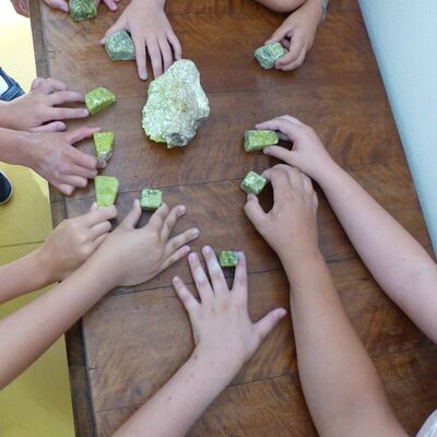 mehrere Kinderh&auml;nde. Alle haben einen gr&uuml;nen Stein in der Hand 