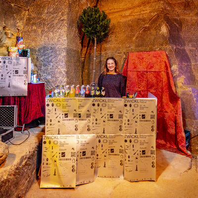 Im Felsenkeller ist eine Bar aufgebaut, die mit Plakaten verziert ist und hinter der Bar steht eine Frau, die die Getr&auml;nke verkauft.
