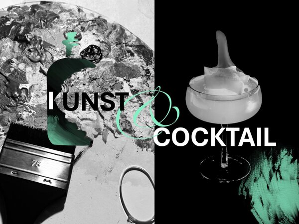 Bild vergr&ouml;&szlig;ern: Im Hintergrund sieht man einen Pinsel und einen Cocktail. Im Vordergrund steht "Kunst & Cocktail"