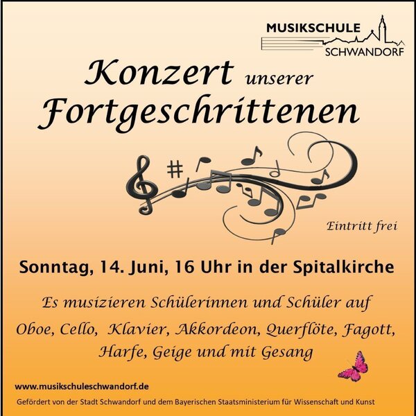 Bild vergr&ouml;&szlig;ern: Plakat f&uuml;r das Konzert der Fortgeschrittenen der Musikschule Schwandorf am 14. Juni um 16 Uhr in der Spitalkirche.