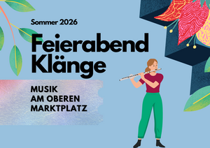 Bild vergr&ouml;&szlig;ern: Titelbild der FeierabendKl�nge 2026. Auch hellblauem Hintergrund ist eine eine Querfl�te spielende Frau im Cartoonstil zu sehen.
