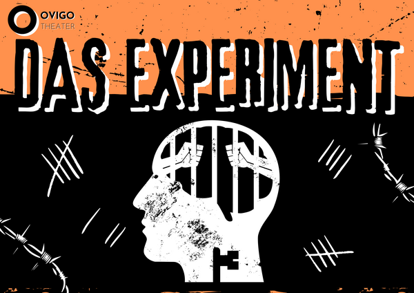 Bild vergr&ouml;&szlig;ern: Grafik f&uuml;r das Theaterst&uuml;ck "das Experiment". Zentral im Bild ein stilisierter Kopf, statt eines Gehirns sind Gitterst&auml;be und zwei F&auml;uste gezeichnet.