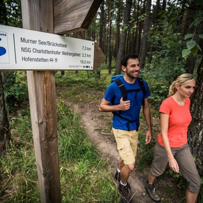 Eine Frau und ein Mann in Wanderkleidung und mit Rucksack marschieren auf einem Wanderweg im Wald.
