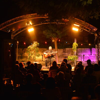 Auftritt des Liedermachers Mathias Kellner beim Schwandorfer Kultursommer im Spitalgarten 2026.
