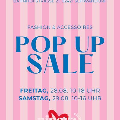 Sharepic zum Pop Up Sale im Stein Marketing Studio am 28. und 29.08. 
Der Hintergrund ist pink und hellrosa l&auml;ngs gestreift, die Schrift ist blau und serifenlos.